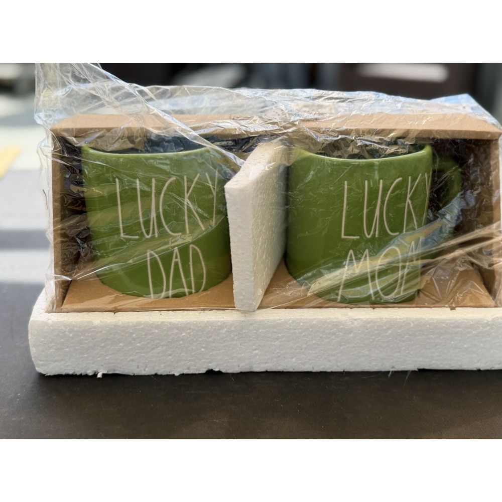 Rae Dunn 2 Pcs. Lucky Dad Lucky Mom Green Mug Set with White Letters New!!
